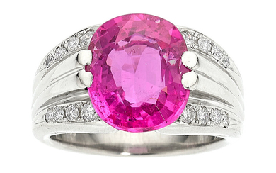 Tourmaline, Diamond, Platinum Ring Stones: Cushion-shaped pink tourmaline weighing...