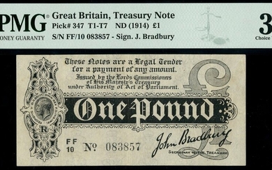 Treasury Series, John Bradbury, first issue £1, ND (7 August 1914), serial number FF/10 083857,...