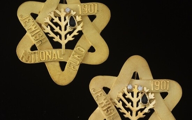 Two 1901 Jewish National Fund Gold, Diamond and Blue Sapphire "Tree of Life Mogen David" Badges