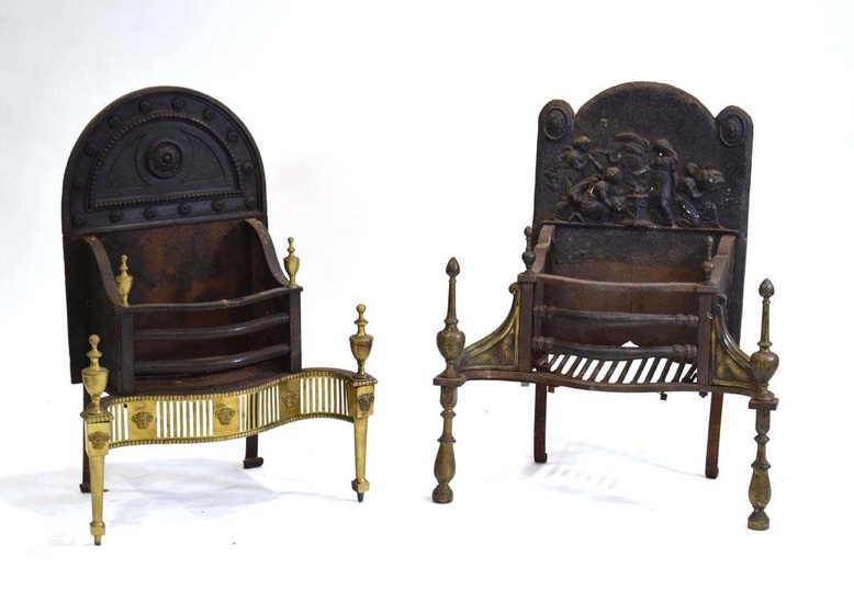 Two 19th century serpentine fireplaces, each incorporating a cast-iron fire-back...