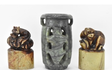 Two Chinese soapstone seals carved with animals raised on ov...