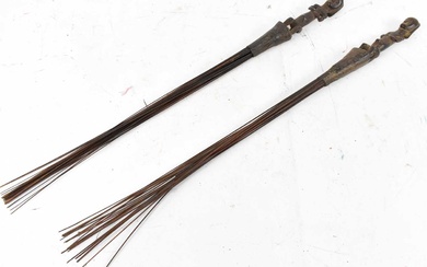 Two Luba, Democratic Republic of Congo, figural carved fly whisks,...