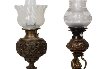 Two Patinated Spelter Oil Lamps, 19th c., Shorter- H.- 25 1/2 in., Dia.- 7 1/2 in.; Taller- H.- 27 i