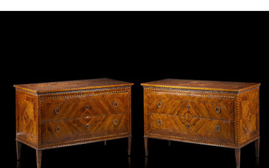 A pair of Piedmont 18th-century various woods veneered and inlaid commodes (cm 139x94x63,4) (defects and restorations)