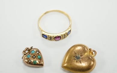 Two late Victorian 9ct and gem set heart pendants and an 18c...