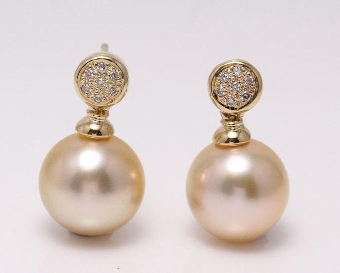 United Pearl - 14 kt. Yellow Gold- 10x11mm Golden South Sea Pearls - Earrings - 0.11 ct