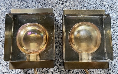 SOLD. Unknown design: A pair of wall mounted lamps with brass frame and partially frosted...