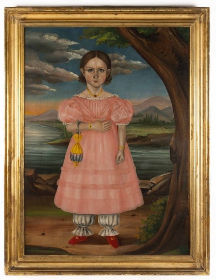 VERY FINE AMERICAN SCHOOL (19TH CENTURY) FOLK ART PORTRAIT OF A GIRL IN LANDSCAPE