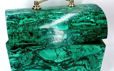 Very Rare A +++ Natural Very Large Malachite Jewelery Box, Gold Plated Handle - 245×230×150 mm - 4791 g
