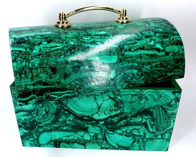 Very Rare A +++ Natural Very Large Malachite Jewelery Box, Gold Plated Handle - 245×230×150 mm - 4791 g