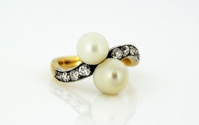 Victorian - 15 kt. Freshwater pearls, Yellow gold - Ring - Diamonds