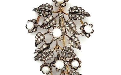 Victorian 18K & Silver Diamond and Natural Pearl Brooch
