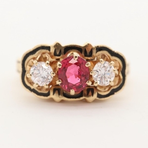 Victorian Revival 14K Yellow Gold Red Spinel, Diamond and Enamel Ring