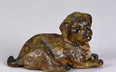 Vienna Bronze (early 20th Century) A cold painted bronze study of a reclining puppy. Stamped Geschutz & numbered. Circa 1900. Length 7.5 cm.