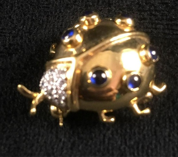 Vintage 18K Gold Ladybug With Sapphires and Diamonds