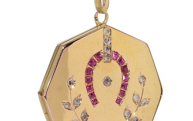 Vintage 1920's Art Deco - Locket - 18 kt. Yellow gold Ruby - Diamond