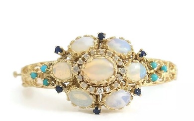 Vintage 1950's Opal Diamond Turquoise Bangle Bracelet 14K Yellow Gold, 24.99 Gr