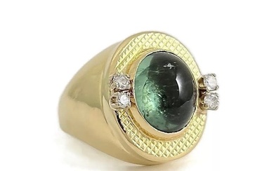 Vintage 1960's Oval Green Tourmaline Diamond Ring 18K Yellow Gold, 9.40 Grams