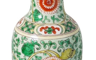 Vintage Asian Ceramic Porcelain Green Floral Painted 10 Inch Vase