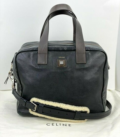 Vintage Celine Black Leather Shearling Strap Briefcase