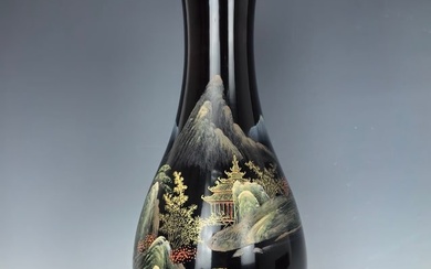 Vintage Chinese Fuzhou Black Lacquered Wood Vase