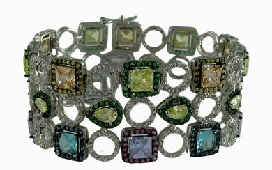 WIDE MULTI COLORED CUBIC ZIRCONIA STERLING SILVER BRACELET 925 CZ A Stunning Wide Multi Colored
