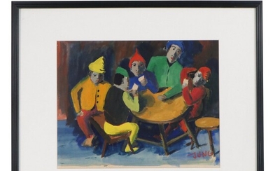 Watercolor Painting of Figures Playing Cards, Mid-20th Century