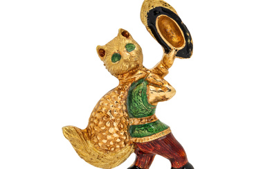 YELLOW GOLD AND ENAMEL PUSS IN BOOTS PIN