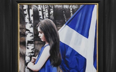 YOUNG GIRL WITH SALTIRE, AN OIL BY GERARD BURNS