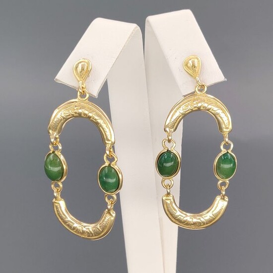 Yellow gold - Earrings - 3.20 ct Green Jade Caboghon