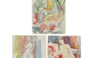 Yolanda Fusco Watercolor Paintings with Charcoal Embellishment, 20th Century
