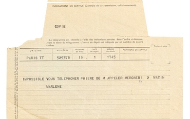an autograph letter and a telegram sent to Karl Lagerfeld, the telegram dated 1972