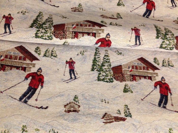fantasy skiers and huts on a beige base - cotton blend - Second half 20th century