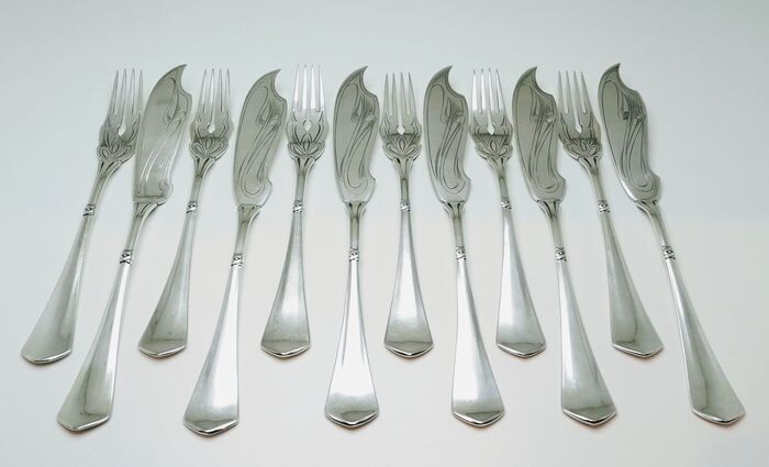 fish cutlery - .800 silver - Vereinigte Silberwarenfabriken - Germany - Early 20th century