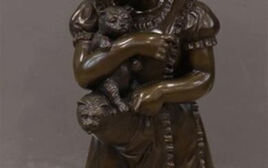 (-), meisje met honden, gepatineerde bronzen sculptuur, gesign....