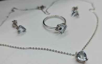 yukiko - 3 piece jewellery set - cuore acquamarina - 18 kt. White gold Aquamarine - Diamond