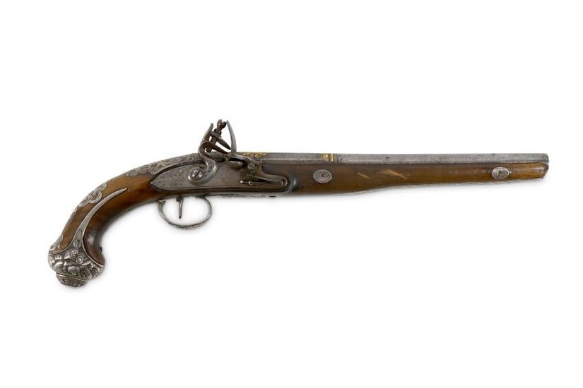 A GOLD-DAMASCENED AND SILVER-OVERLAID FLINTLOCK PISTOL