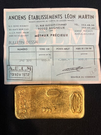 1 lingot d'or 999.9 g N° 242320 Toutes... - Lot 46 - L'Huillier & Associés