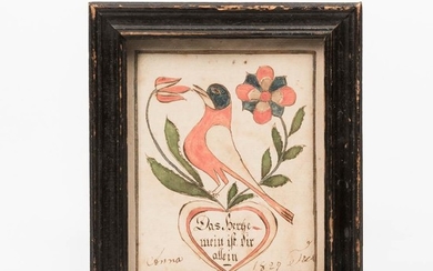 Watercolor Bookplate Fraktur, Pennsylvania, c. 1827, depicting a red bird with flowers on a heart with German inscription, in a molded