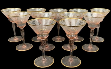 11 Art Deco Gilt Pink Acid Etched Glasses