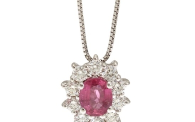 A ruby and diamond pendant set with an oval-cut ruby encircled by numerous brilliant-cut diamonds, mounted in 18k white gold, on an 18k white gold necklace. (2)