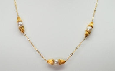 14 Karat Yellow Gold Bell Pearl Chain Necklace