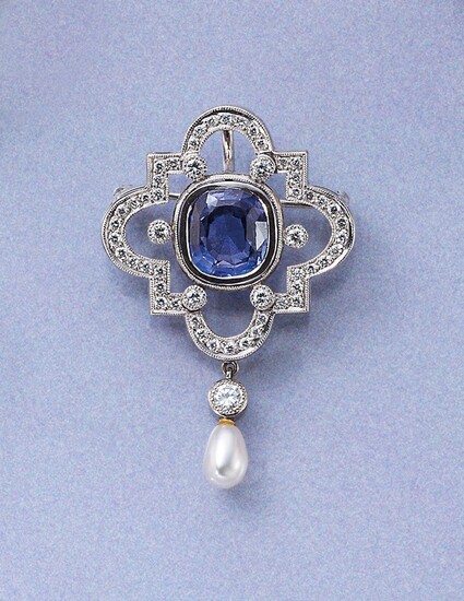 14 kt gold pendant/brooch with sapphire and diamonds...
