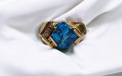 14K Yellow Gold Blue Topaz, Diamond Ring