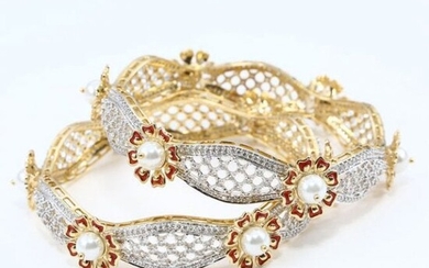 14K Yellow Gold Diamond Bangle (2) with Pearls & Enamel