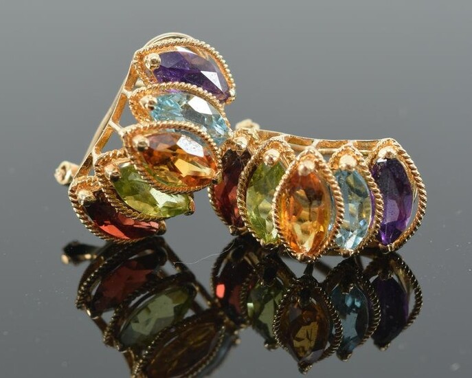 14K yellow gold multi-colored gemstone earrings. Tiered