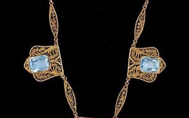 14k Gold Blue Topaz Filigree Necklace