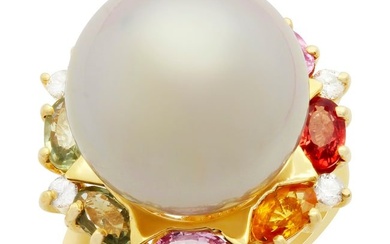 14k Yellow Gold 15.5mm Pearl 2.36ct Sapphire 0.32ct Diamond Ring