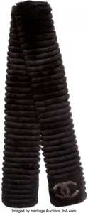 16046: Chanel Dark Brown & Black CC Rabbit Fur Scarf Co