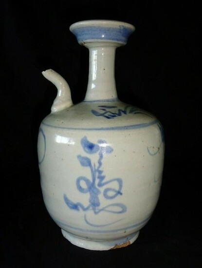 17C Chinese B&W Floral Motif Pottery Wine Ewer (HeN)